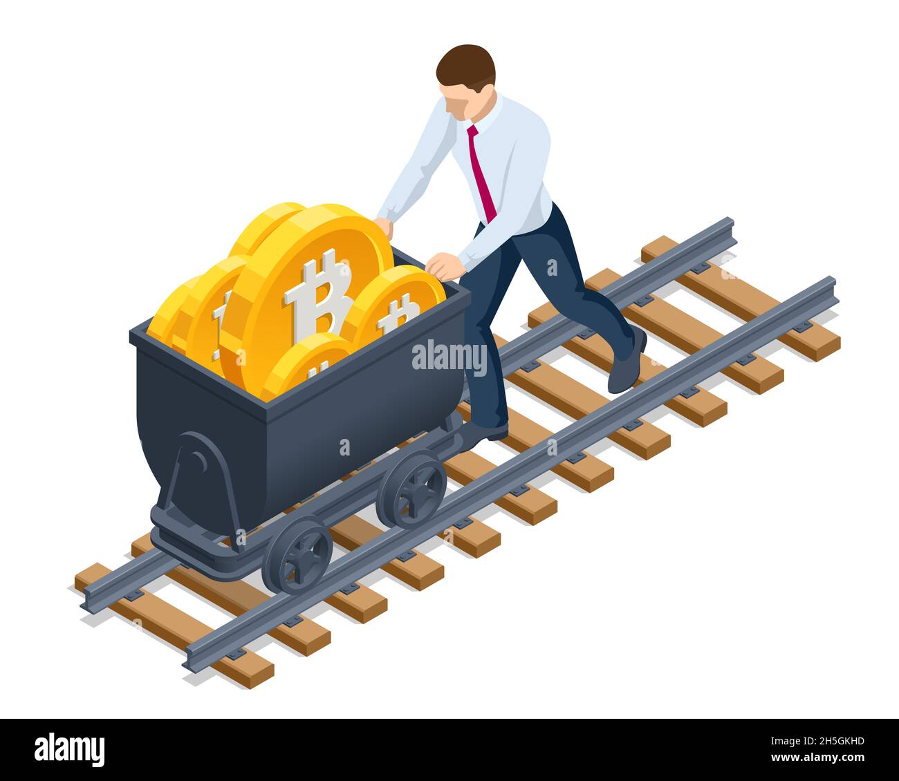 Isometrischer Bergmann gräbt auf goldenem Bitcoin. Geräte und Technologien für das Mining von Kryptowährungen. Maschinen für den Abbau von Kryptowährungen. Stock Vektor