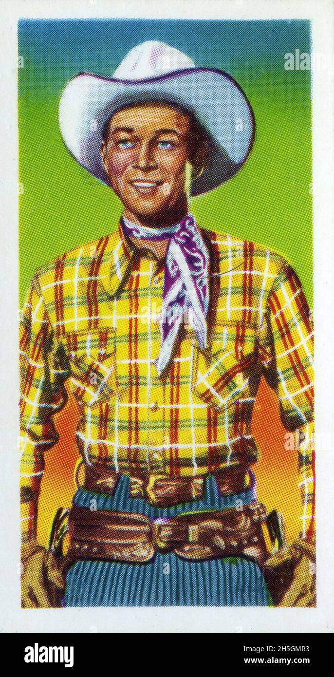 Die alte Sammelkarte aus einem Set mit dem Titel Western Stars mit dem Schauspieler Roy Rogers wurde von der CWS Tobacco Factory als Prämie mit von Jaycee angetippten Zigaretten ausgegeben. Stockfoto