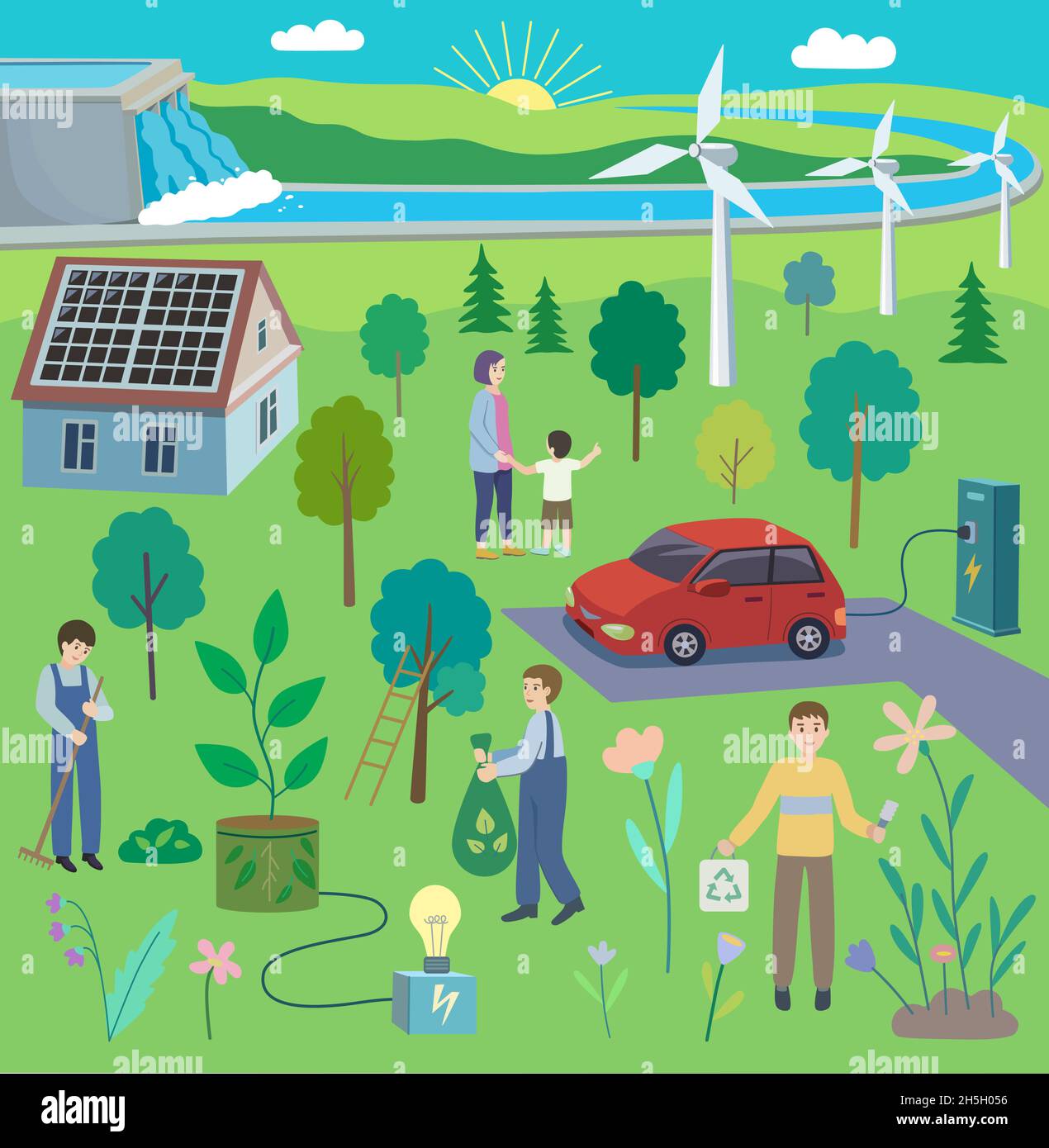 Clean Eco Energy – konzeptuelle Vektordarstellung. Farbenfrohe, handgezeichnete Cartoon-Grafik über alternative Energietechnologien Stock Vektor