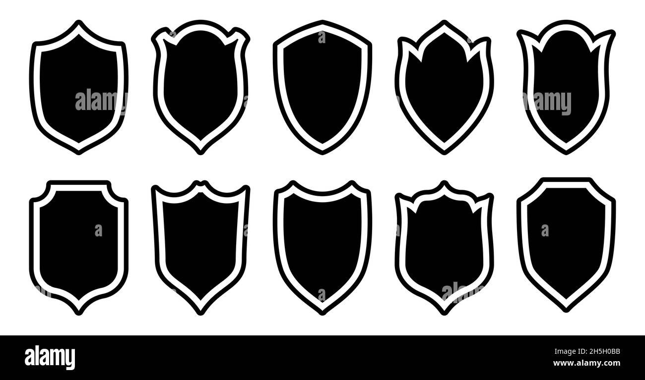 Schild mit schwarzem Stempel, flaches Icon-Set. Vektor-Sicherheit einfaches Label Wappen Rüstung Logo. Insignien schützen das heraldische Symbol der Schnittform. Abzeichen für Mindestprämien. Mittelalterliche Form isoliert auf Weiß Stock Vektor