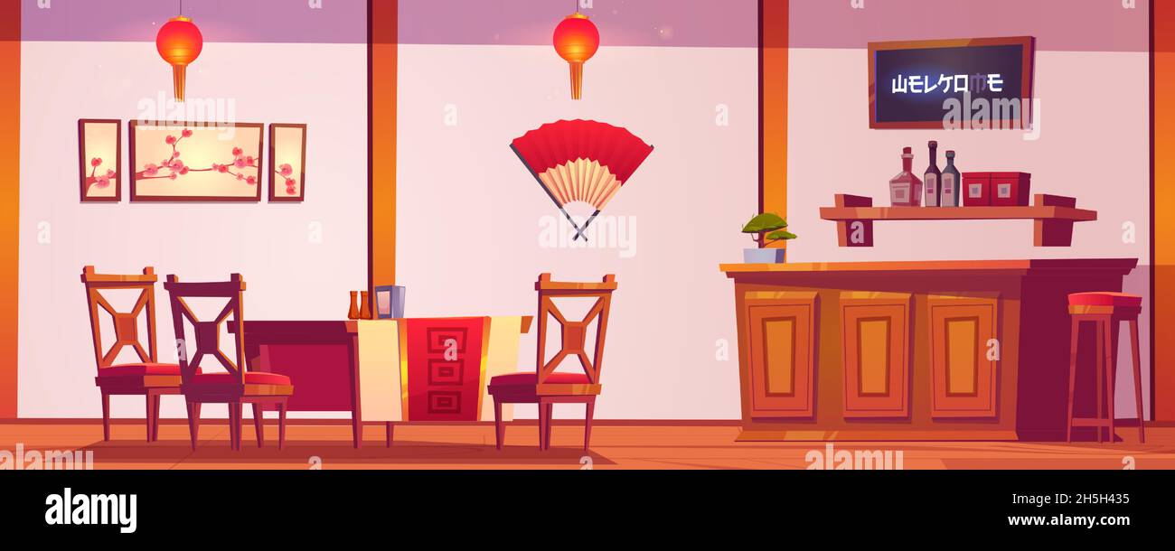 Interieur des chinesischen Restaurants, Café mit Bar im traditionellen asiatischen Stil mit Rot- und Golddekor, Laternen, Sakura-Bildern. Authentische Cafeteria mit Holztischen und -Stühlen, Cartoon-Vektor-Illustration Stock Vektor