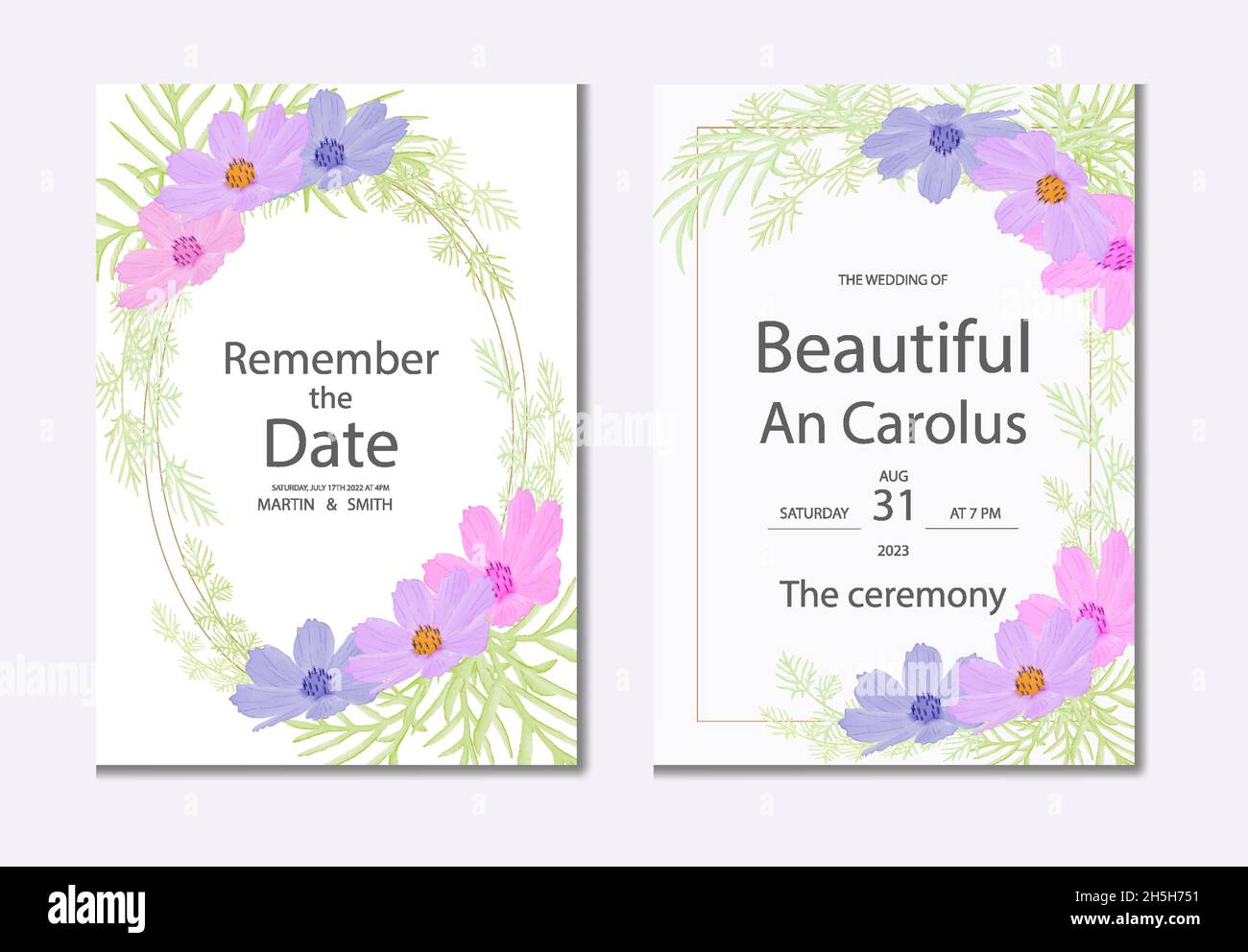 Aquarell natürlichen Kosmos Blume und verlassen Set-Design Stock Vektor