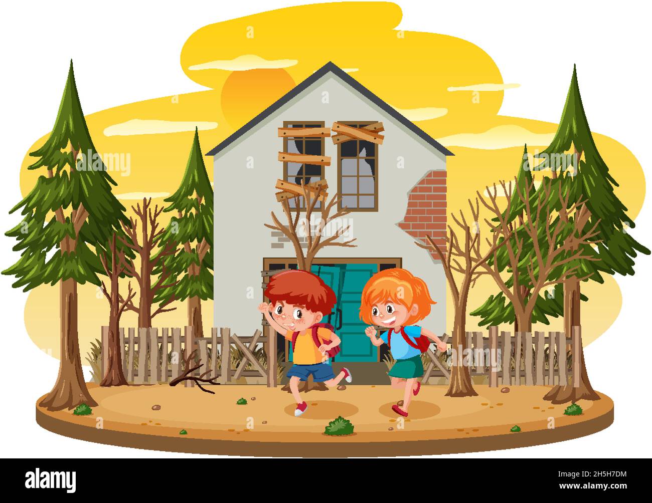 Kinder laufen vor dem alten Haus Illustration Stock Vektor