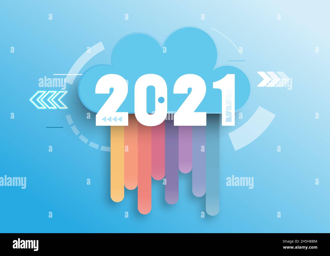 Infografik Konzept 2021 Jahr. Aktuelle Trends, Interessenten in den Bereichen Cloud-Computing-Services und -Technologien, Big-Data-Speicherung und Kommunikation. Vektordarstellung Stock Vektor