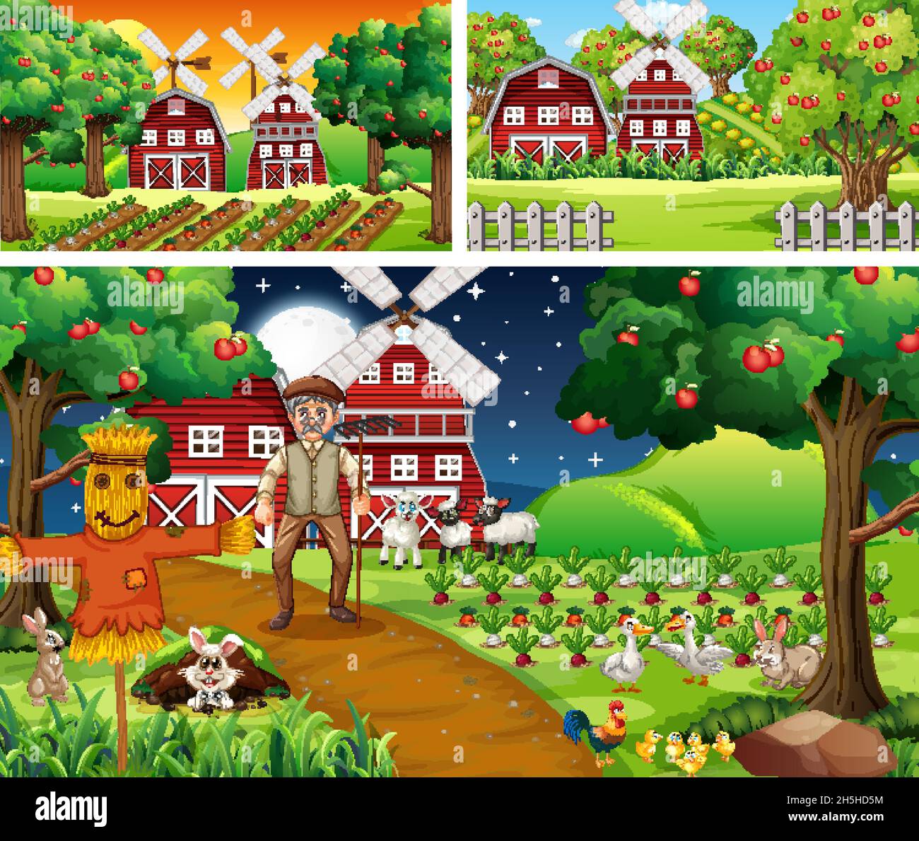 Verschiedene Farmszenen mit Nutztieren Cartoon Figur Illustration Stock Vektor