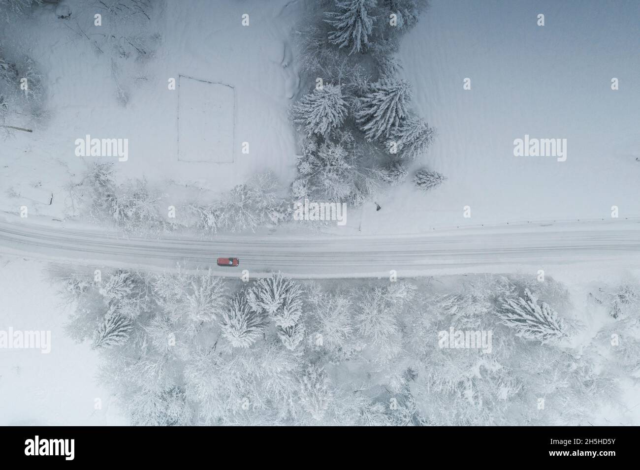Luftaufnahme von Autofahrten auf verschneiten Bergstraßen im Winter im Nebelwald, Valgerola, Valtellina, Lombardei, Italien Stockfoto