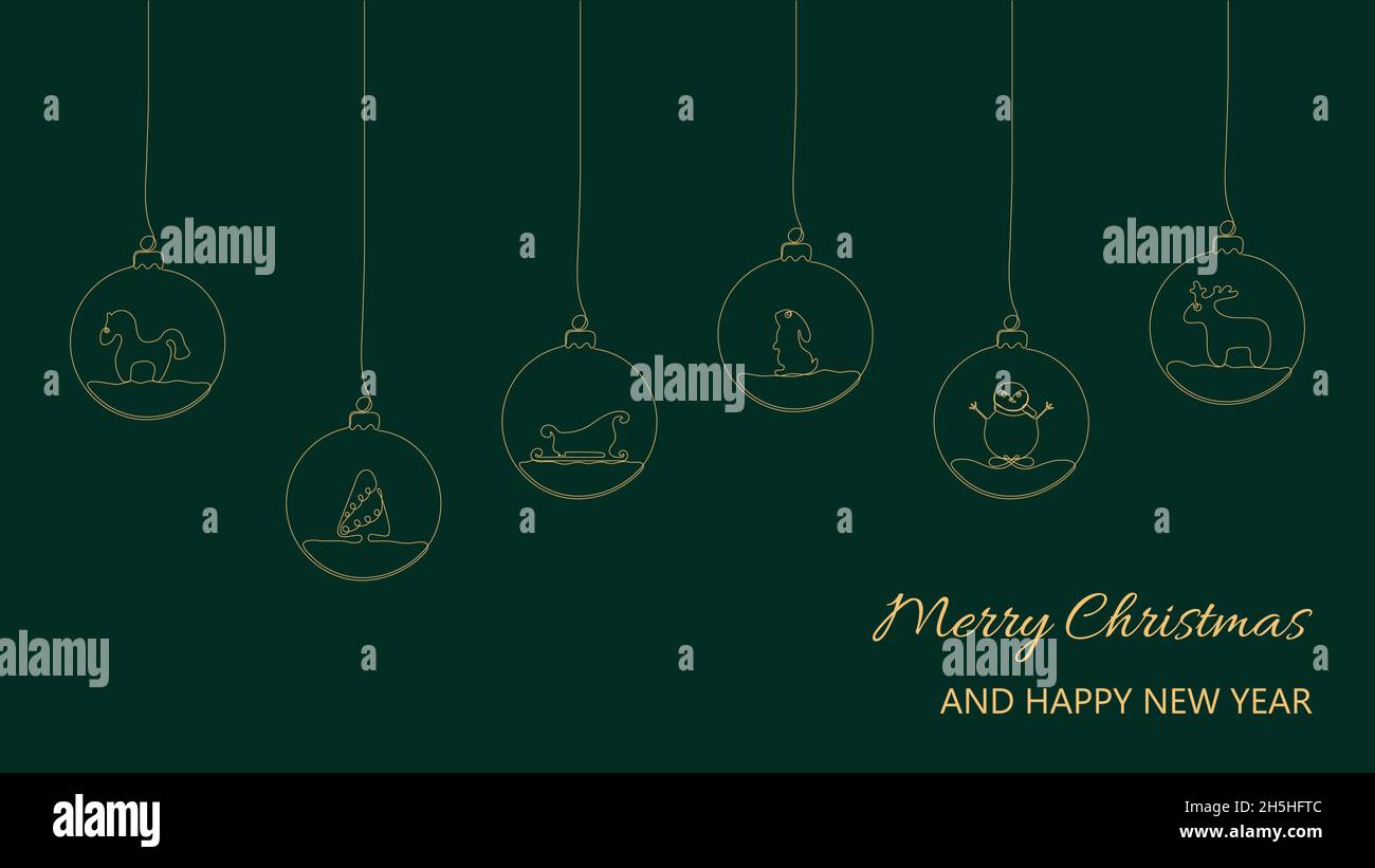 Weihnachten und Neujahr Komposition von hängenden Kugeln mit Rentieren, Pferd, Baum, Schneemann, Schlitten, Kaninchen. Fortlaufende einzeilige Zeichnung. Stock Vektor