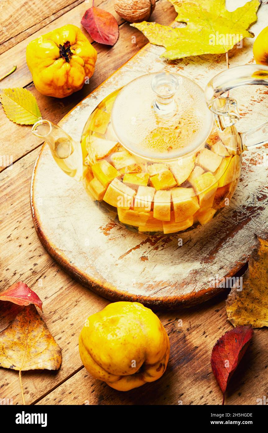 Hausgemachter köstlicher Früchtetee aus Herbstquitte. Stockfoto