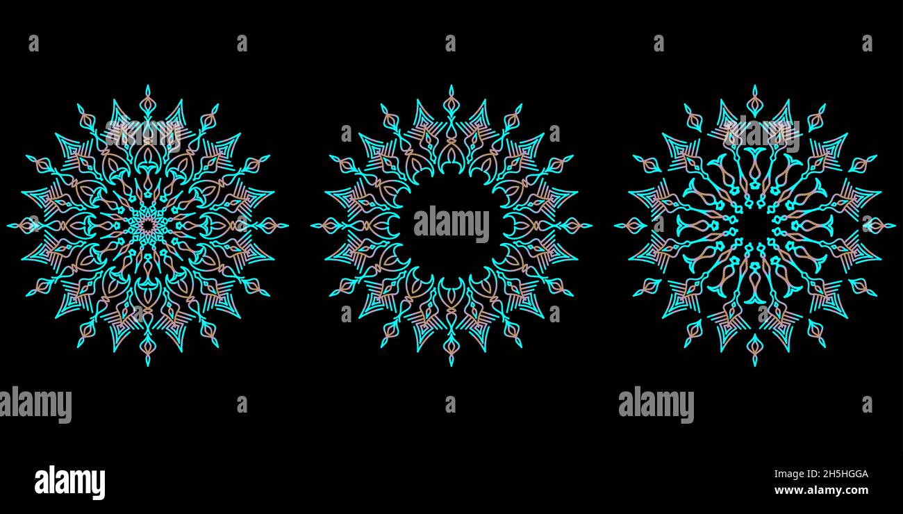 Illustration Set von Gradienten Mandalas auf dunklem Hintergrund. Einladungskarte, ramadan, Werbeträger Stock Vektor