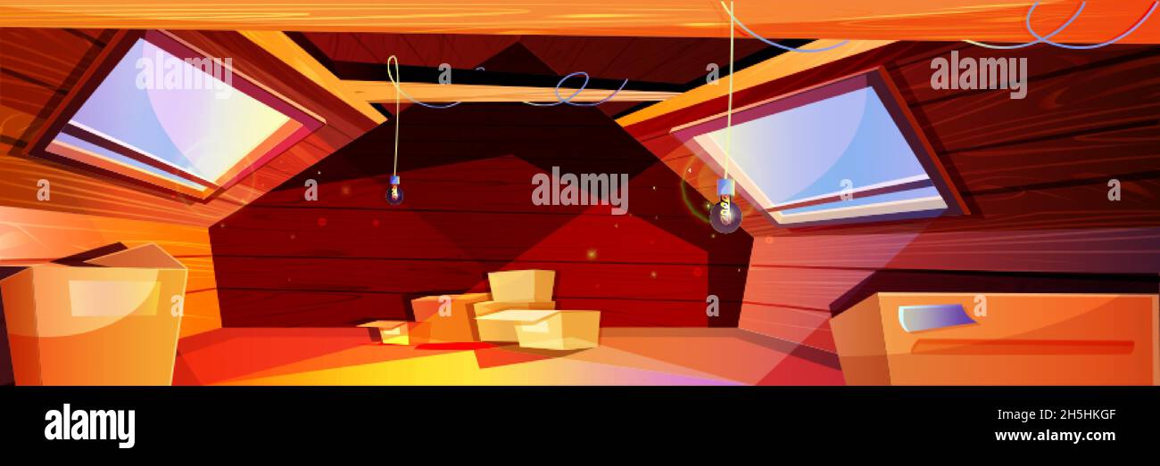 Vektor Cartoon Innenraum des Dachgeschosses. Leere alte Mansarde mit Kartons und Fenstern. Hausraum mit Holzwänden, Dach mit Balken und Glühbirnen. Zimmer mit Dachboden und Sonnenlicht vom Fenster. Stock Vektor