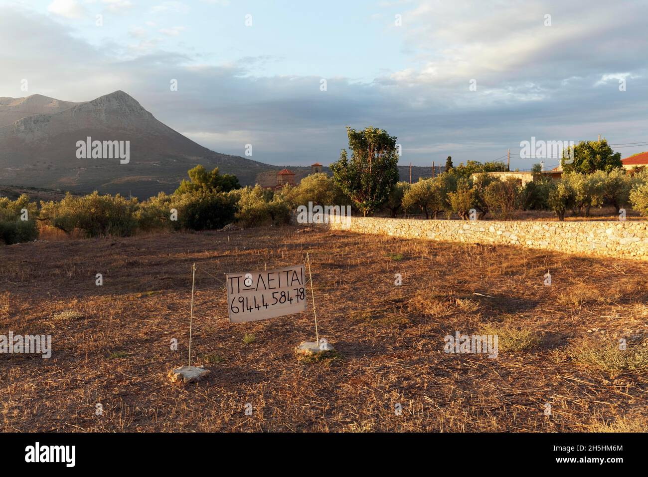 Grundstück zu verkaufen, Schild mit Telefonnummer, Morgenlicht, Itilo Dorf, Itylo, Mani Halbinsel, Lakonien, Peloponnes, Griechenland Stockfoto