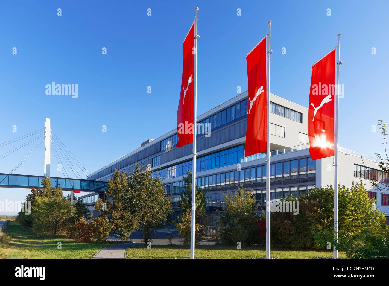 Modernität, Architektur, Bürogebäude der Cougar AG, Flagge mit Firmenlogo, Marke, Marke, Herzogenaurach, Mittelfranken, Franken, Bayern Stockfoto