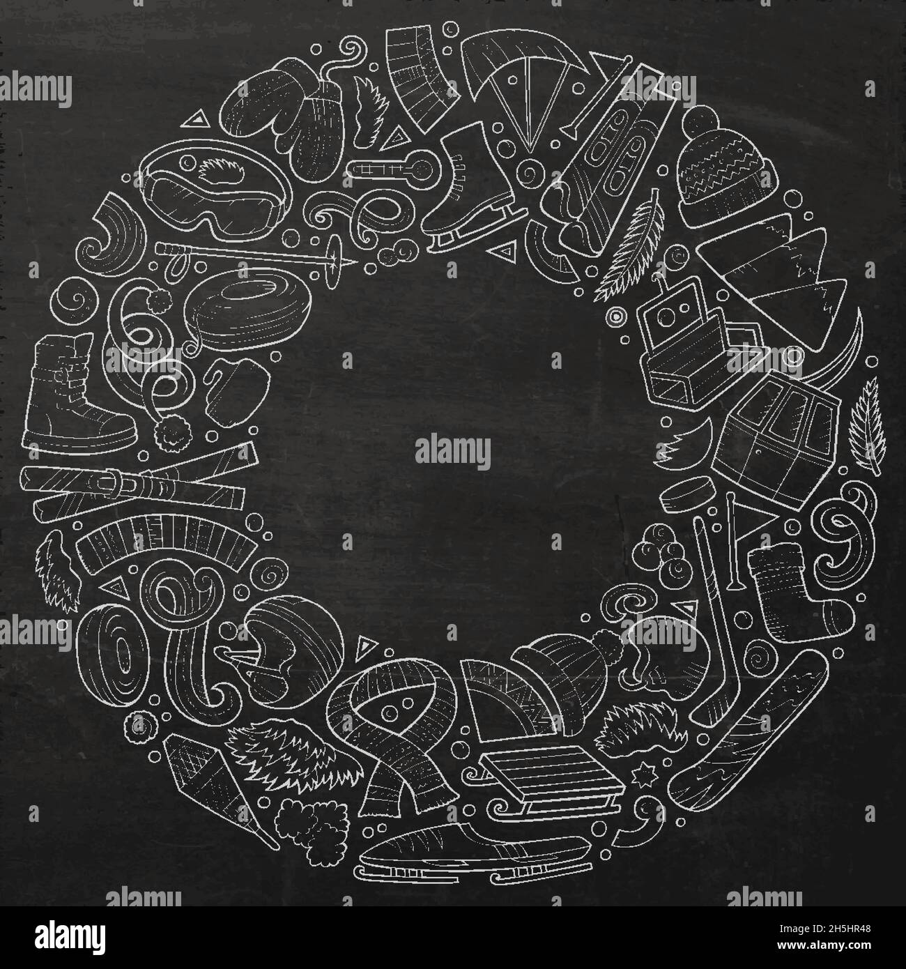 Vektor Hand gezeichnet Satz von Winter Sports Cartoon Doodle Objekte, Symbole und Elemente. Kreidetafel mit rundem Rahmen Stock Vektor