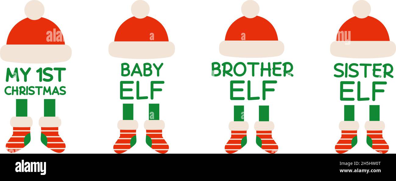 Sublimation für Kinder zu Weihnachten. Meine ersten Weihnachts-Design-Vorlagen. Cartoon Schwester und Bruder elf Illustrationen. Weihnachten Winter themed Baby Monogramm Stock Vektor