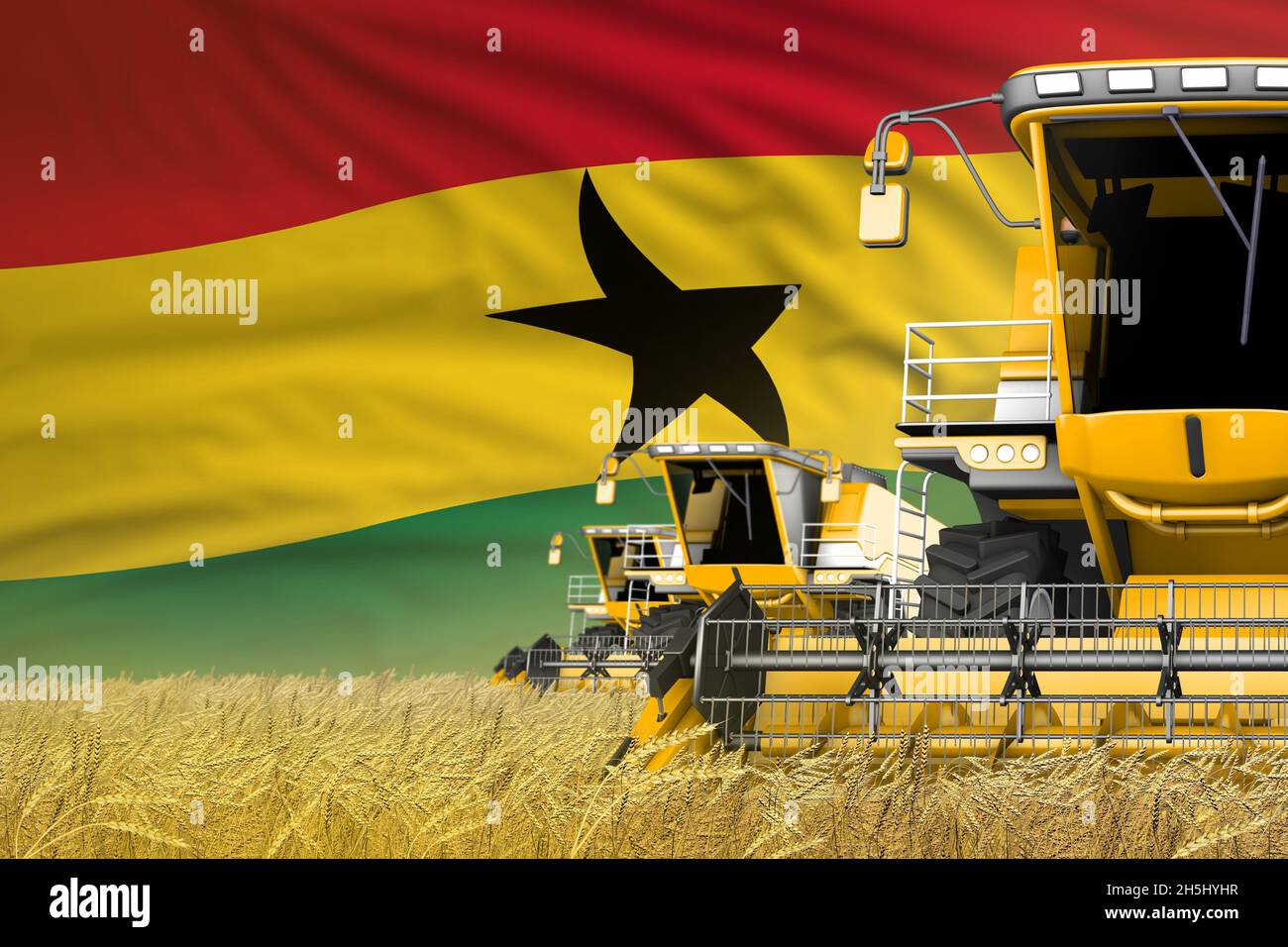 3 gelbe moderne Mähdrescher mit Ghana-Flagge auf ländlichem Feld - Nahansicht, Farmkonzept - industrielle 3D-Illustration Stockfoto