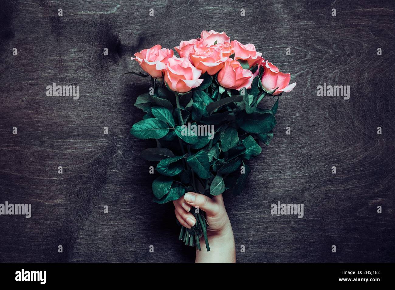 Weibliche Hände halten romantischen Strauß zartrosa Rosen auf Holz Hintergrund Urlaub Blumenkarte Geburtstag, Hochzeit, Happy Valentine's, Mutter, lehren Stockfoto