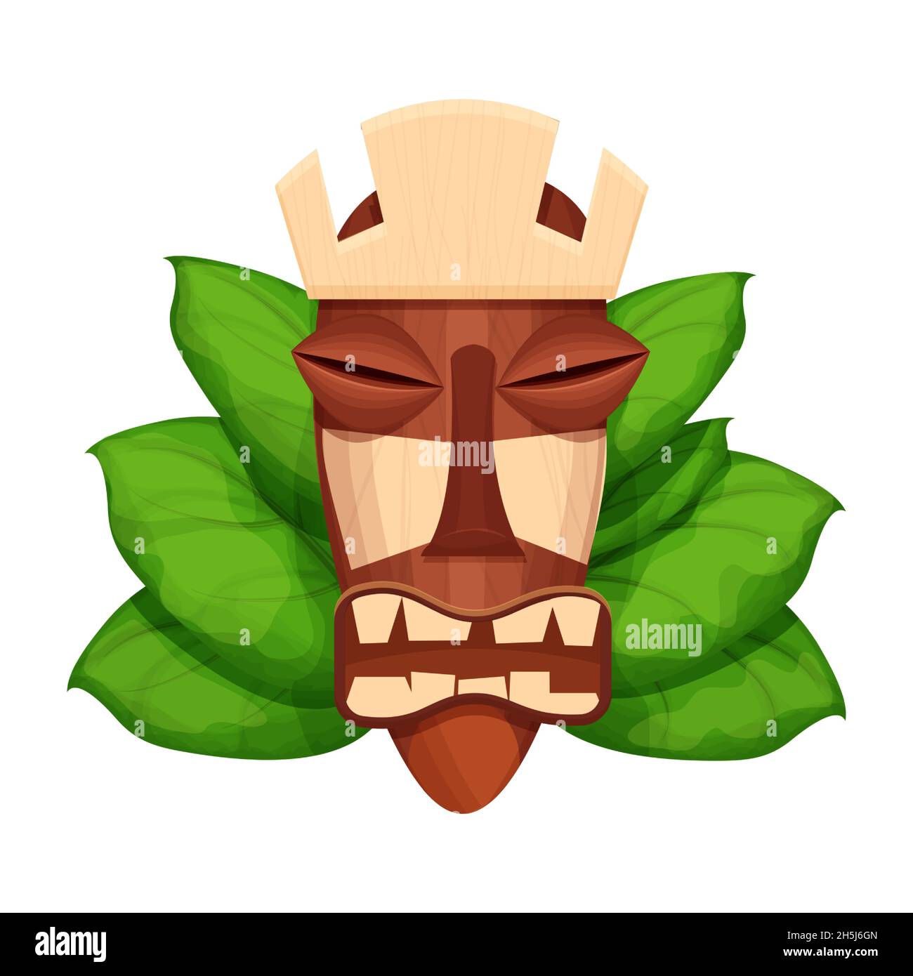 Tiki-Maske aus Holz, hawaianisches Symbol im Cartoon-Stil, strukturiert und detailliert isoliert auf weißem Hintergrund Vektorgrafik. Totem, ethnische Dekoration. Furchteinflößender gott, Idol. Vektorgrafik Stock Vektor