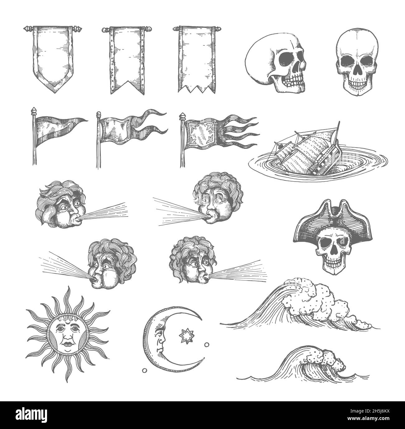 Skizzenelemente der Vintage-Karte. Sonne und Mond, Wind, Tsunami und Wasserwelle, Schädel und Wimpel. Alte Kartographie handgezeichnete Vektor-Dekoration, Segeln Stock Vektor