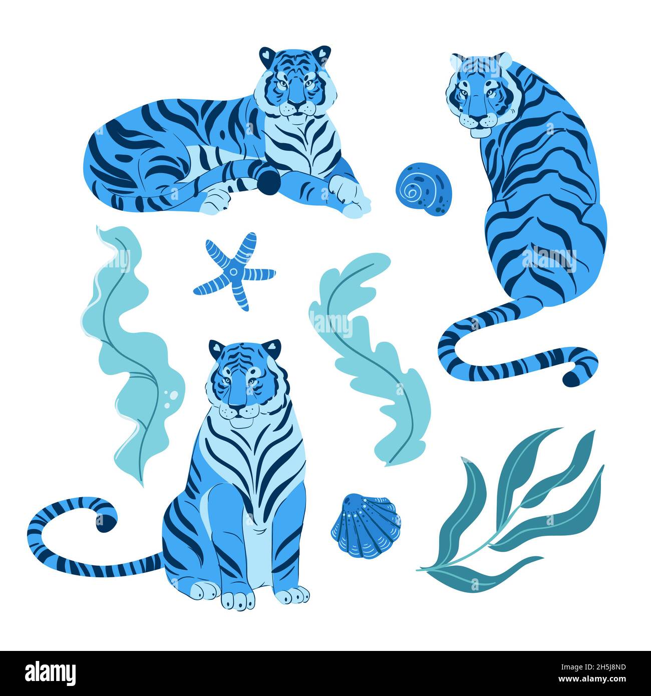 Set von Erwachsenen großen blauen Tiger Tierwelt und Fauna Thema Cartoon Tier Design flache Illustration isoliert auf weißem Hintergrund Stockfoto