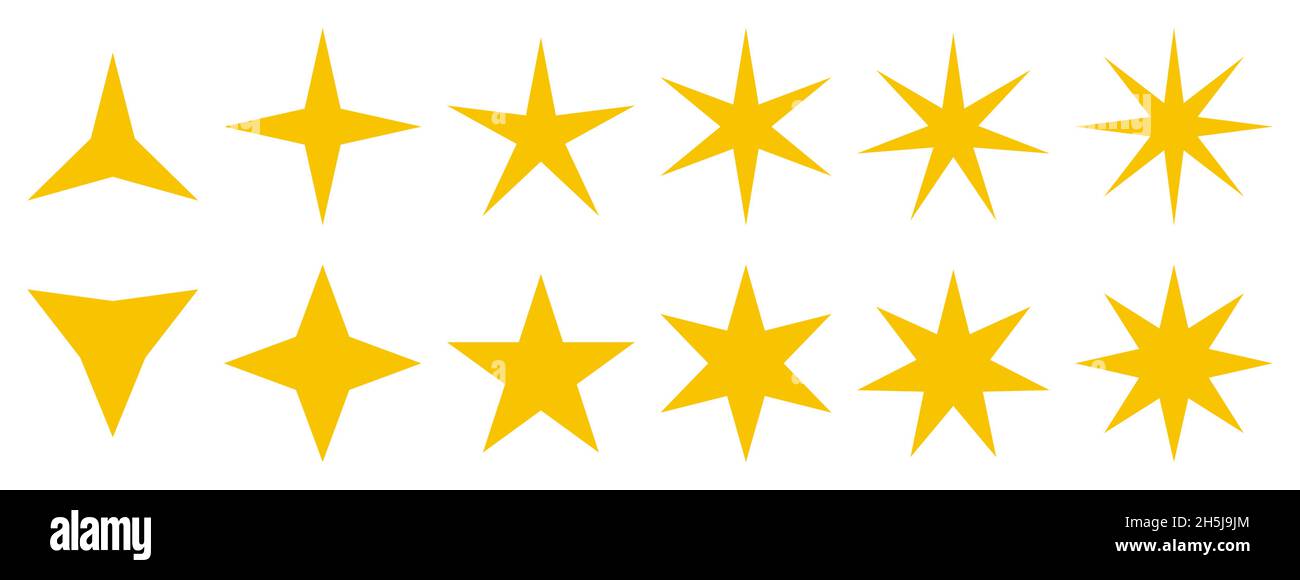 Satz gelber Sternsymbole. Sternensymbole mit verschiedenen Punkten: Drei, vier, fünf, sechs, sieben, Acht. Vektorgrafik auf weißem Hintergrund Stock Vektor