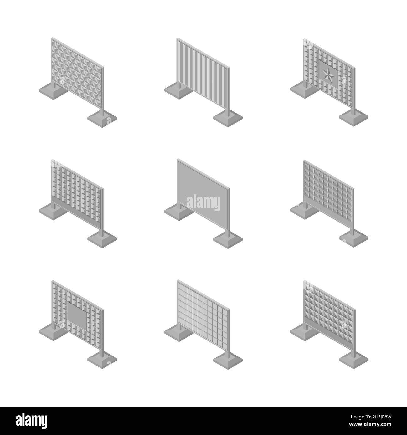 Satz von isometrischen spannt Betonzaun von verschiedenen Formen. Isoliert auf weißem Hintergrund. Elemente von Gebäuden und Landschaftsgestaltung, Vektordarstellung Stock Vektor
