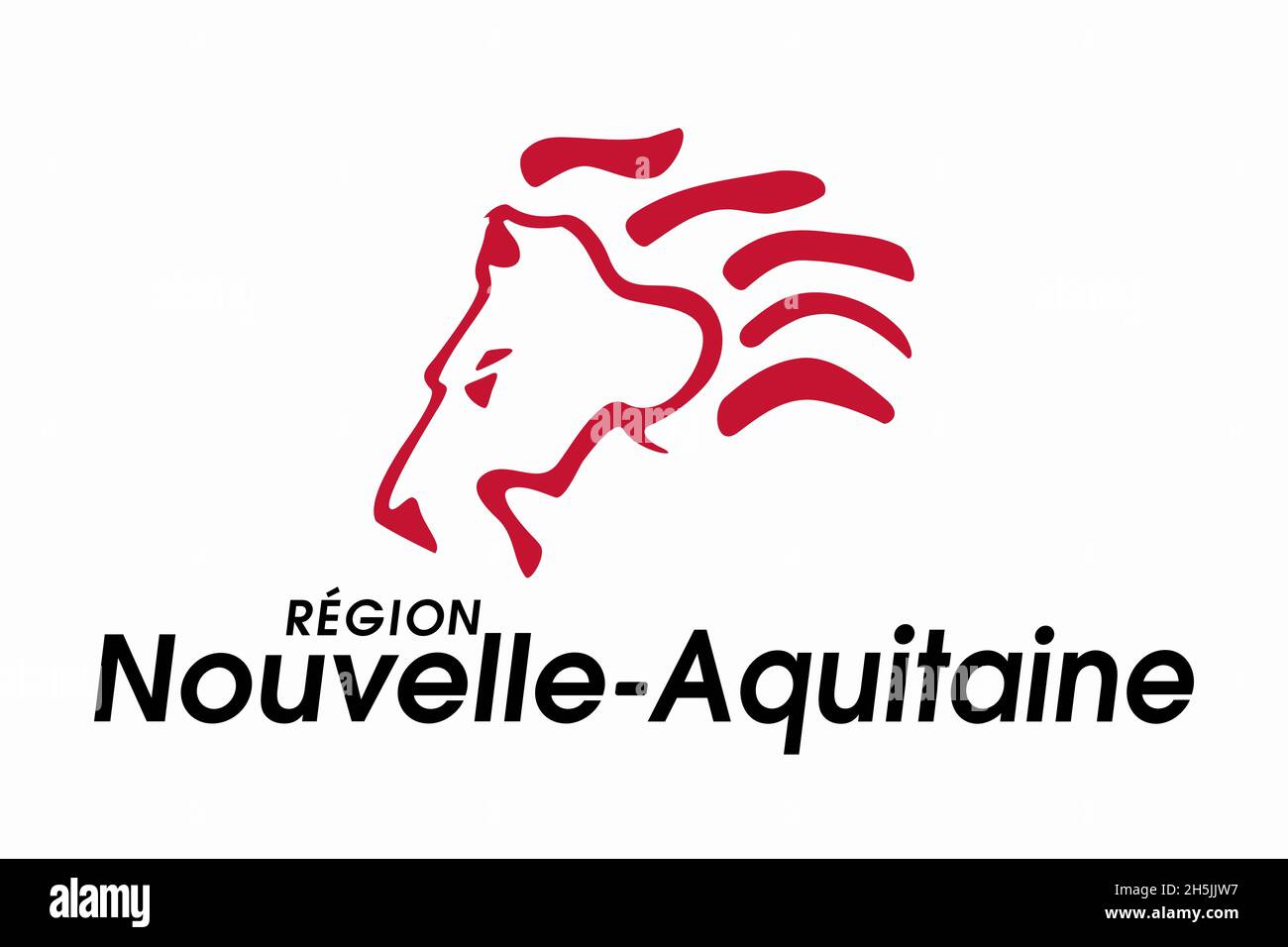 Draufsicht der Flagge Region Nouvelle Aquitaine, Frankreich. Französisches Patriot- und Reisekonzept. Kein Fahnenmast. Ebenendesign, Layout. Hintergrund markieren Stockfoto