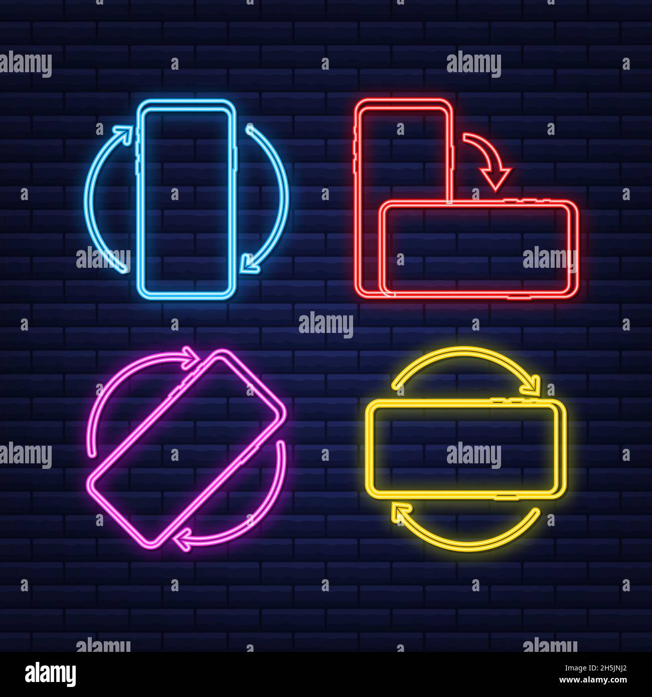 Drehen Sie das isolierte Symbol des Smartphones. Neonsymbol. Symbol für die Geräterichtung. Schalten Sie das Gerät ein. Vektorgrafik Stock Vektor