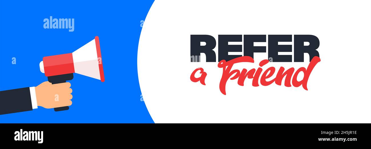 Empfehlen Sie einen Freund Vektor-Werbung Hintergrund mit einem Megaphon. Referal-Programm für Freund Partnerschaft Empfehlung mit Lautsprecher Hintergrund illustrr Stockfoto