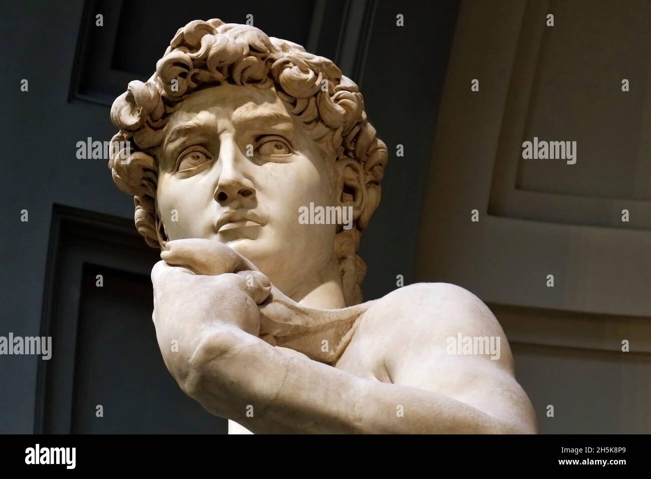 Nahaufnahme des Gesichts der berühmten Statue von David von Michelangelo in der Accademia Gallery in Florenz; Florenz, Toskana Italien Stockfoto Nahaufnahme des Gesichts der berühmten Statue von David von Michelangelo in der Accademia Gallery in Florenz; Florenz, Toskana Italien Stockfoto