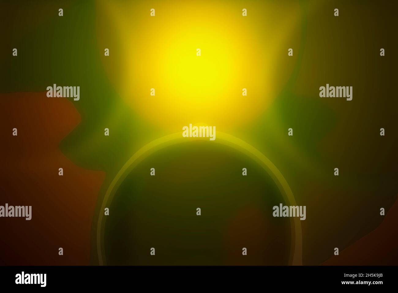 Abstrakte Kunst. Verschwommene Sonne zwischen grünen Kreisen im Raum. Stockfoto