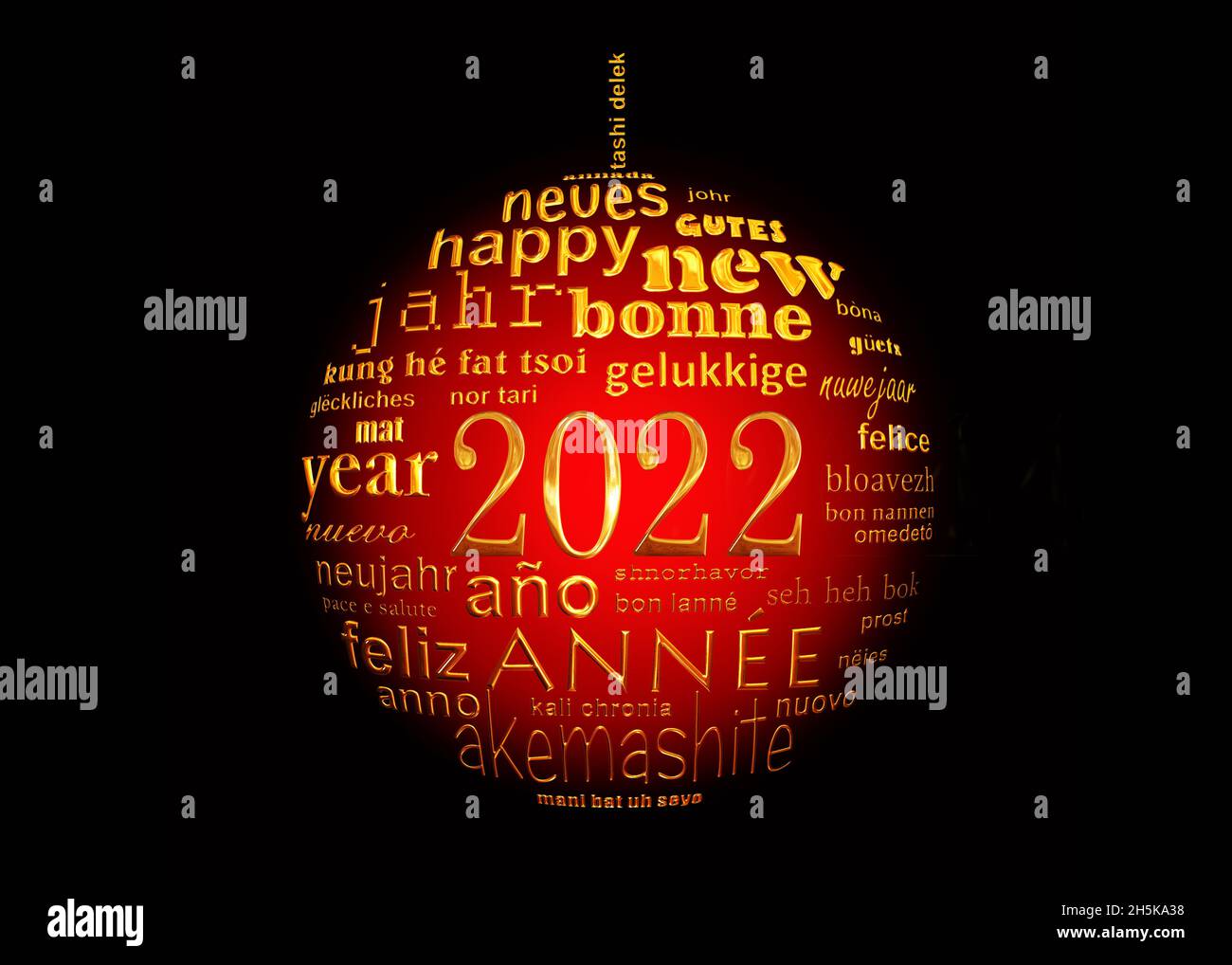 2022 Neujahr mehrsprachige Textwort Wolke Grußkarte in Form eines weihnachtsballs Stockfoto