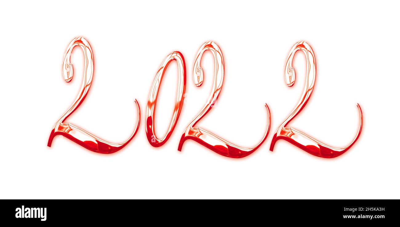 2022, Neujahrsgrüße, elegante, glänzende 3D-rote Metallbuchstaben isoliert auf weißem Hintergrund Stockfoto