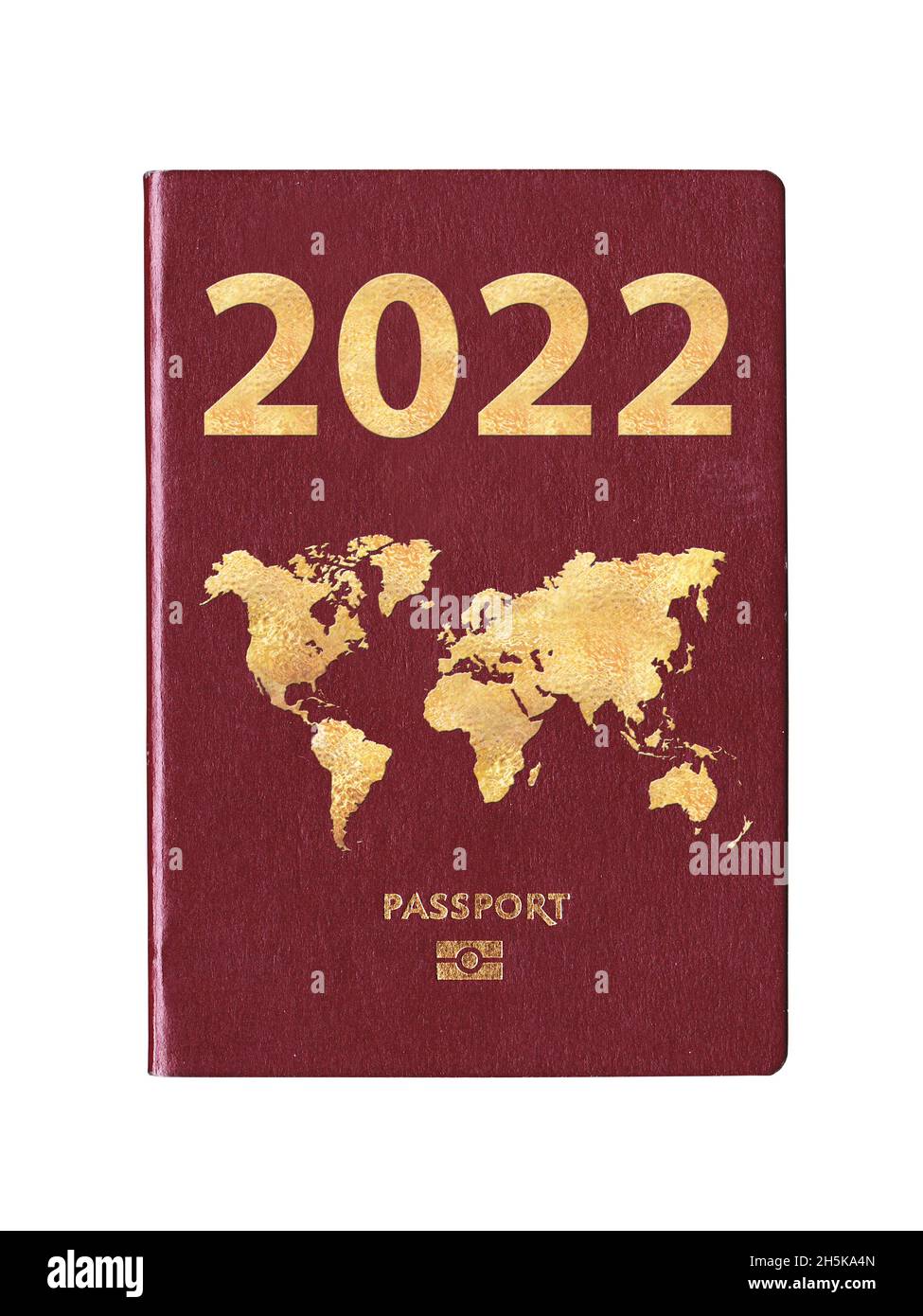 Burgundy Pass 2022 mit einer Weltkarte auf dem Umschlag, Neujahr Reisekonzept Stockfoto
