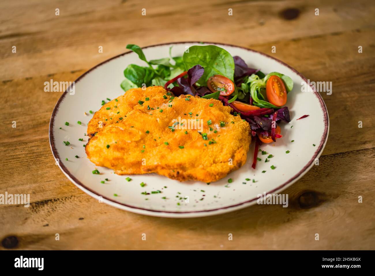 Schnitzel mit Salat auf einem Teller; Studio Stockfoto