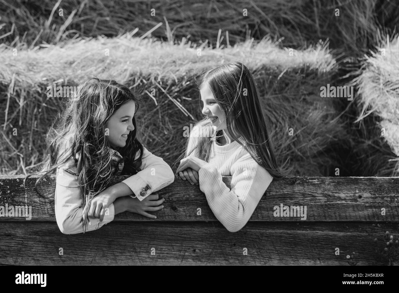 Schwarz-weißes Bild von zwei jungen Schwestern, die sich gegenseitig angucken, während sie sich auf einer Holzschiene mit Heuballen im Hintergrund lehnen Stockfoto