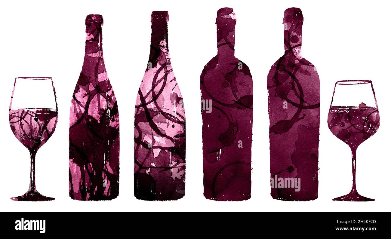 Abbildung von Flasche und Glas Wein mit Aquarellpinsel. Hintergrundstruktur und Farbe von Rotwein. Künstlerische Weinzeichnung. Stockfoto