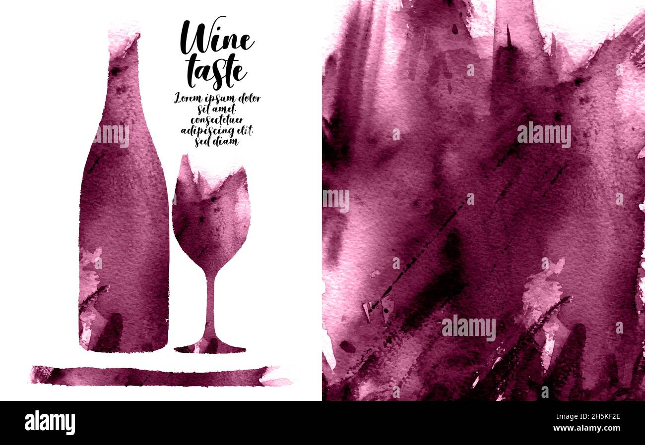 Abbildung von Flasche und Glas Wein mit Aquarellpinsel. Hintergrundstruktur und Farbe von Rotwein. Künstlerische Weinzeichnung. Vektor Stockfoto