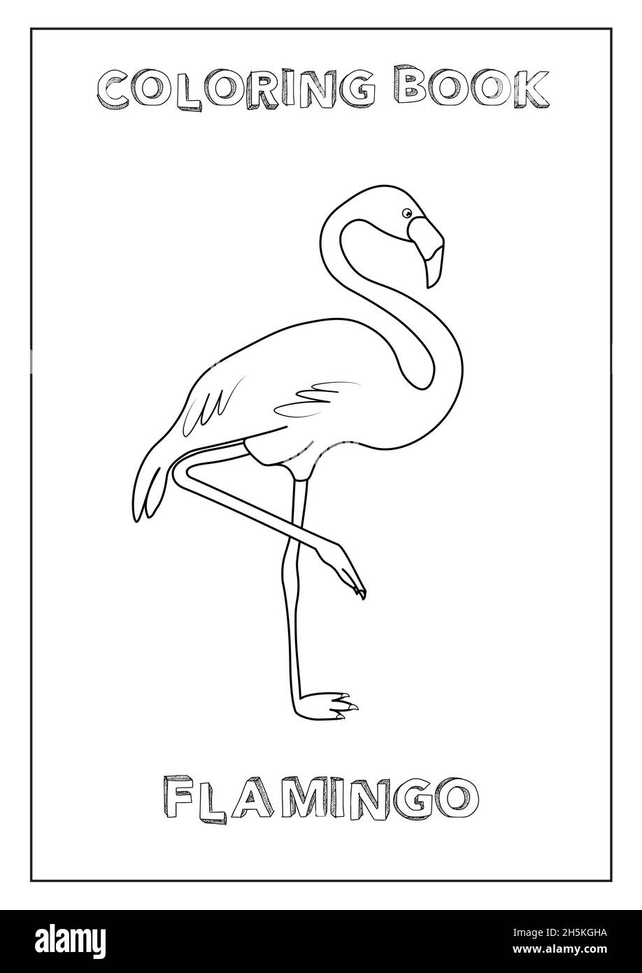 Bild ausmalen für Kinder Flamingo. Druckbereit, Papierformat A4. Schwarz und Weiß, in Vektor gemacht. Stock Vektor