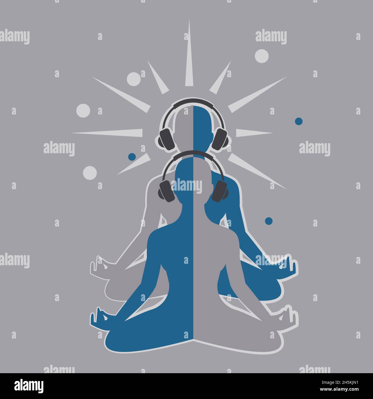 Meditierende menschliche Figur mit Kopfhörer. Moderne Meditationstechniken. Flache Illustration. Stock Vektor