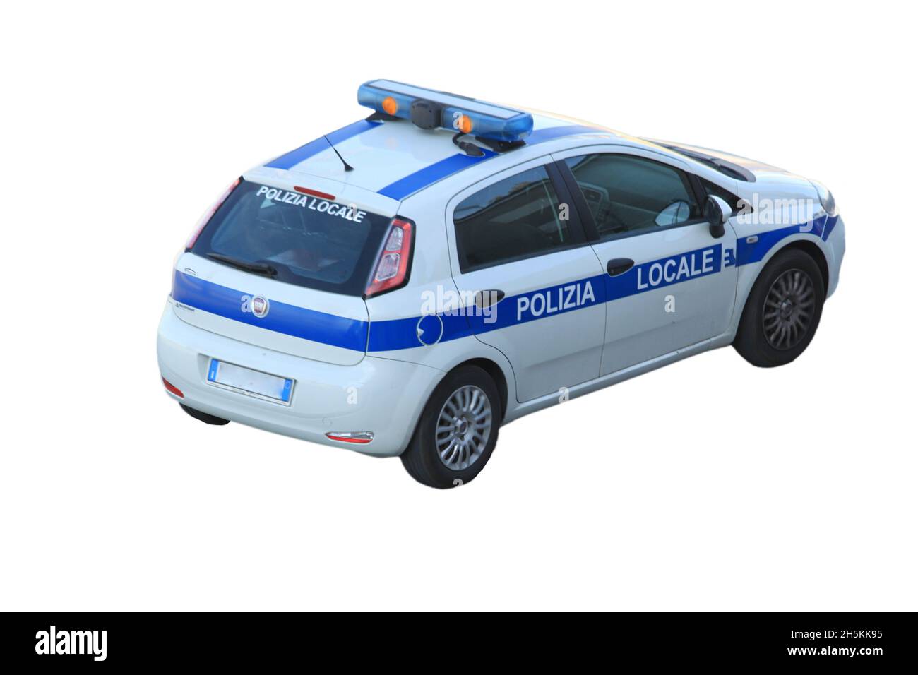 Kommunales Polizeiauto in einer Routinekontrolle auf einem isolierten Hintergrund Stockfoto