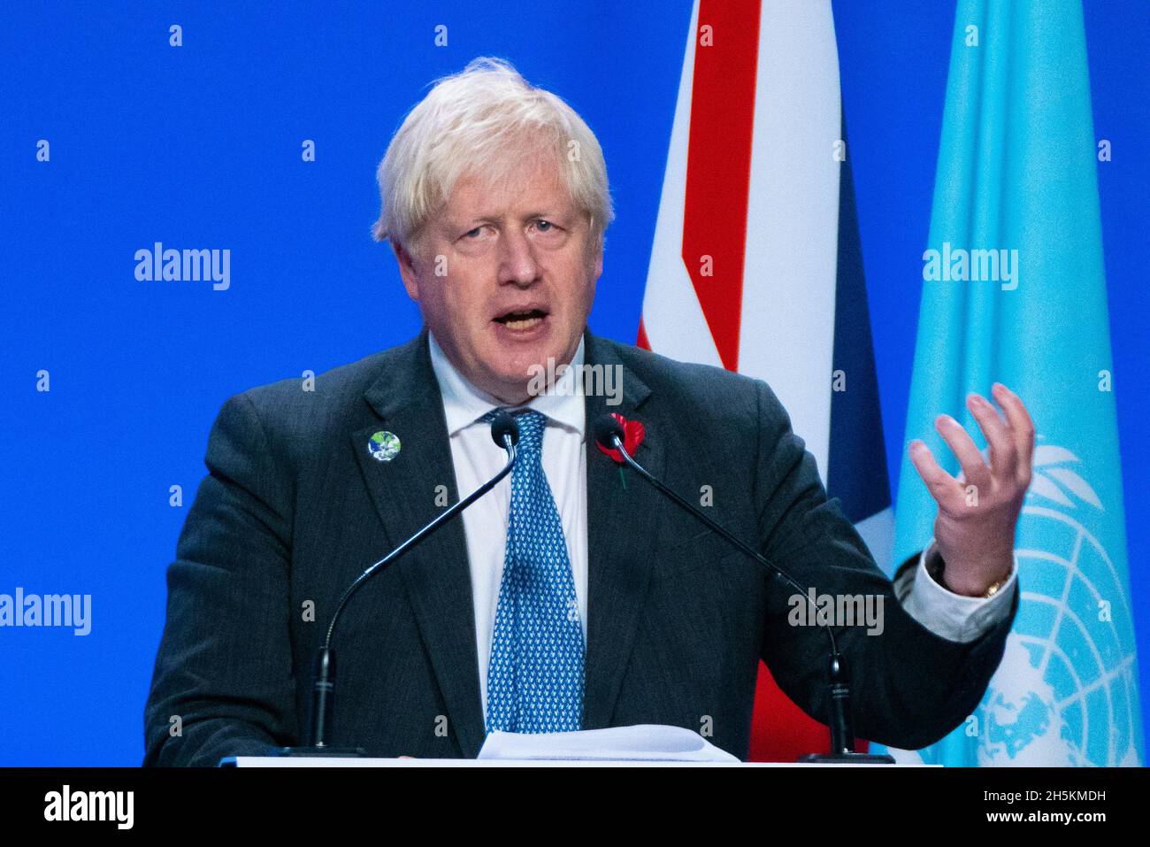 Glasgow, Schottland, Großbritannien. November 2021. Tag elf des Klimagipfels und Premierminister Boris Johnson sprechen bei einer Pressekonferenz mit britischen Medien. Iain Masterton/Alamy Live News. Stockfoto