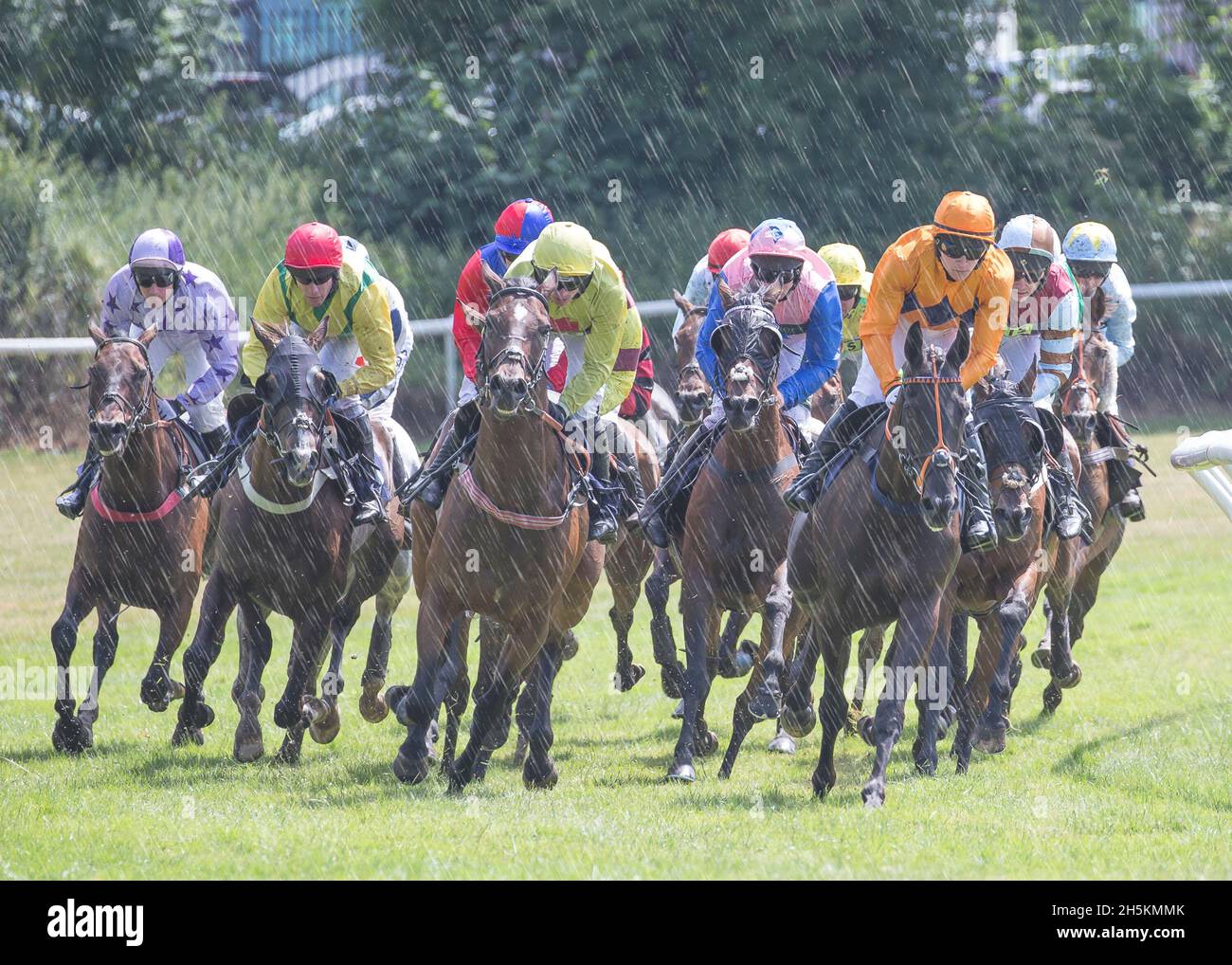 Rennpferde in Aktion, die von Jockeys geritten werden, zusammen zusammengepfercht, Rennen auf der Rennbahn Worcester Racecourse im Sommerregen, Großbritannien. Stockfoto