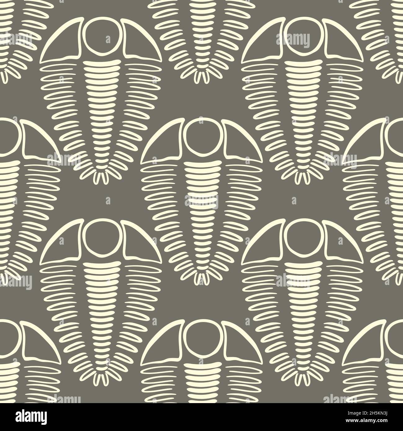 Trilobiten Vektor nahtloses Muster Hintergrund. Handgezeichnete Arthropoden gerippte Schale marine Fossilien. Neutraler brauner Duoton-Hintergrund. Ausgestorbene Kambrium-Periode Stock Vektor