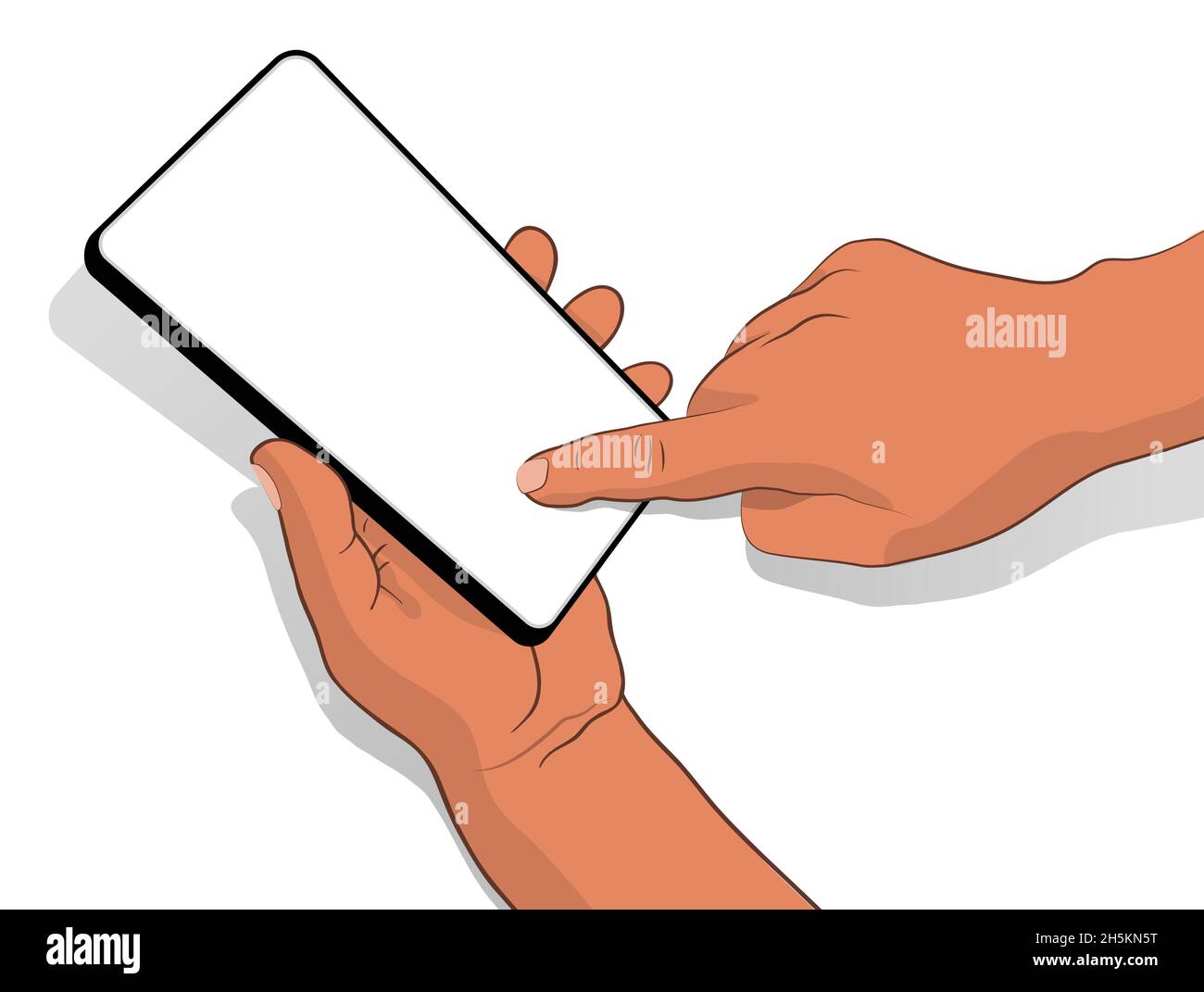 Abbildung: Die Hand hält das Telefon und die andere Hand berührt den Bildschirm. Weißer Hintergrund. Vektor Stock Vektor
