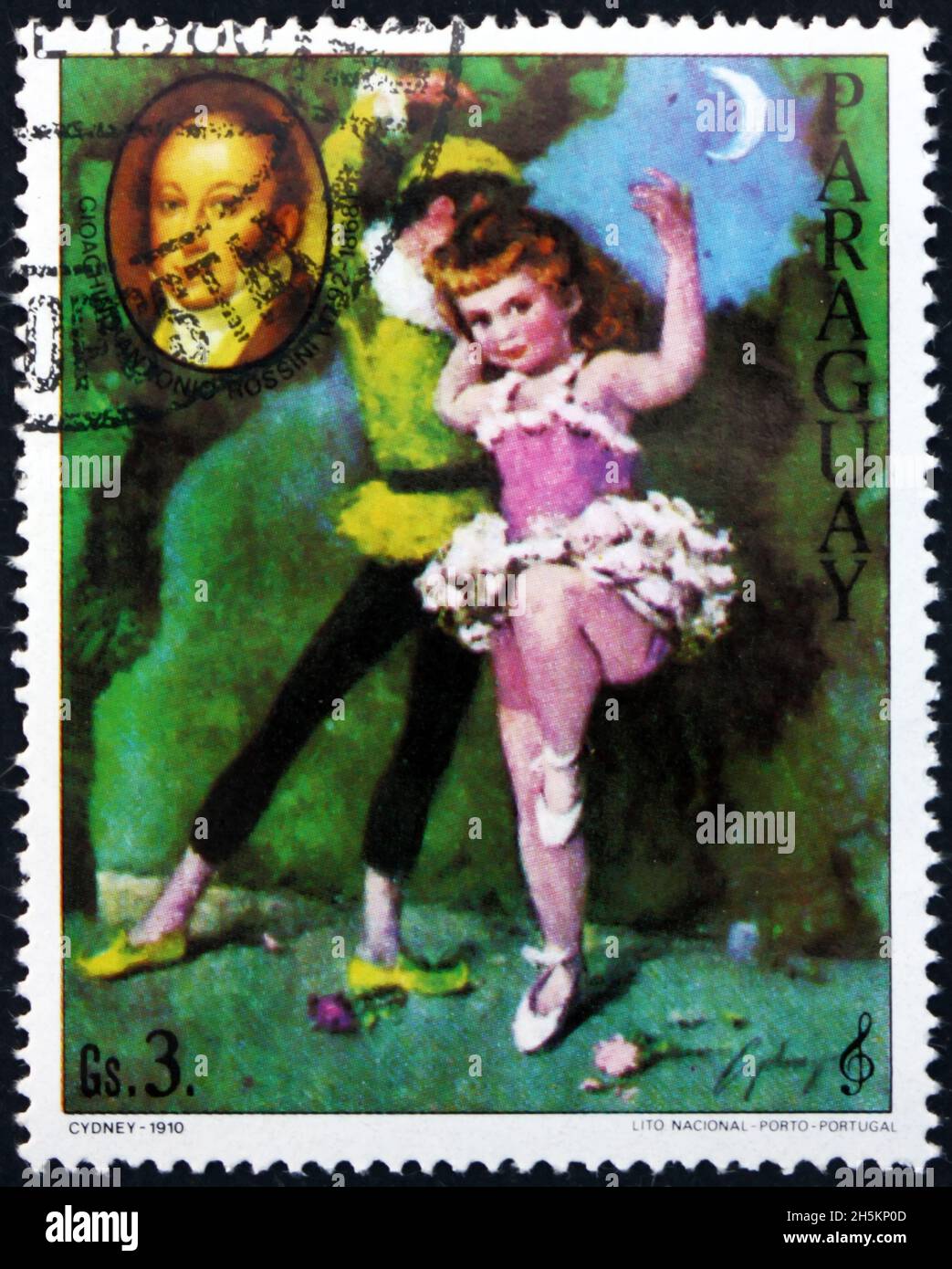 PARAGUAY - UM 1980: Eine in Paraguay gedruckte Briefmarke zeigt Gemälde der jungen Ballerina von Cydney und Porträt von Gioacchino Rossini, um 1980 Stockfoto