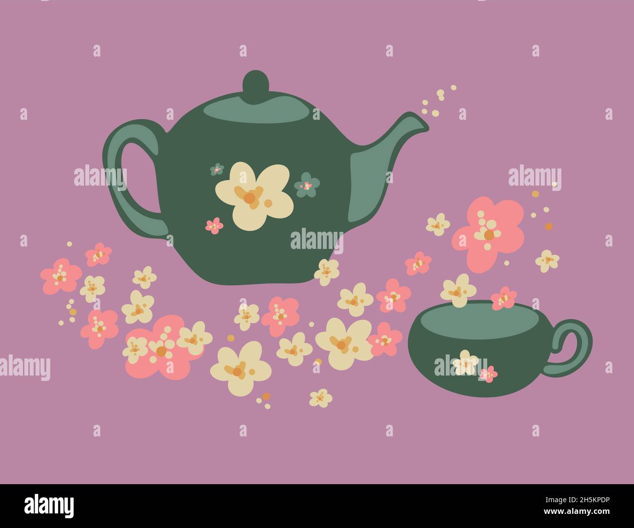 Vektor-Illustration von Teekannen und Teetaße mit Blumen. Handgezeichnetes Design. Stock Vektor