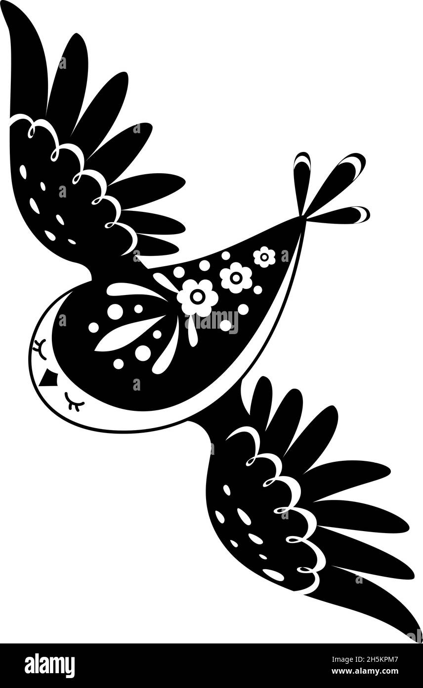 Fee Tier fliegenden Vogel Cartoon schwarze Farbe. Kleine Fee Maskottchen mit Ornament, vintage Fauna Charakter Tierwelt, Vektor-Illustration Stock Vektor