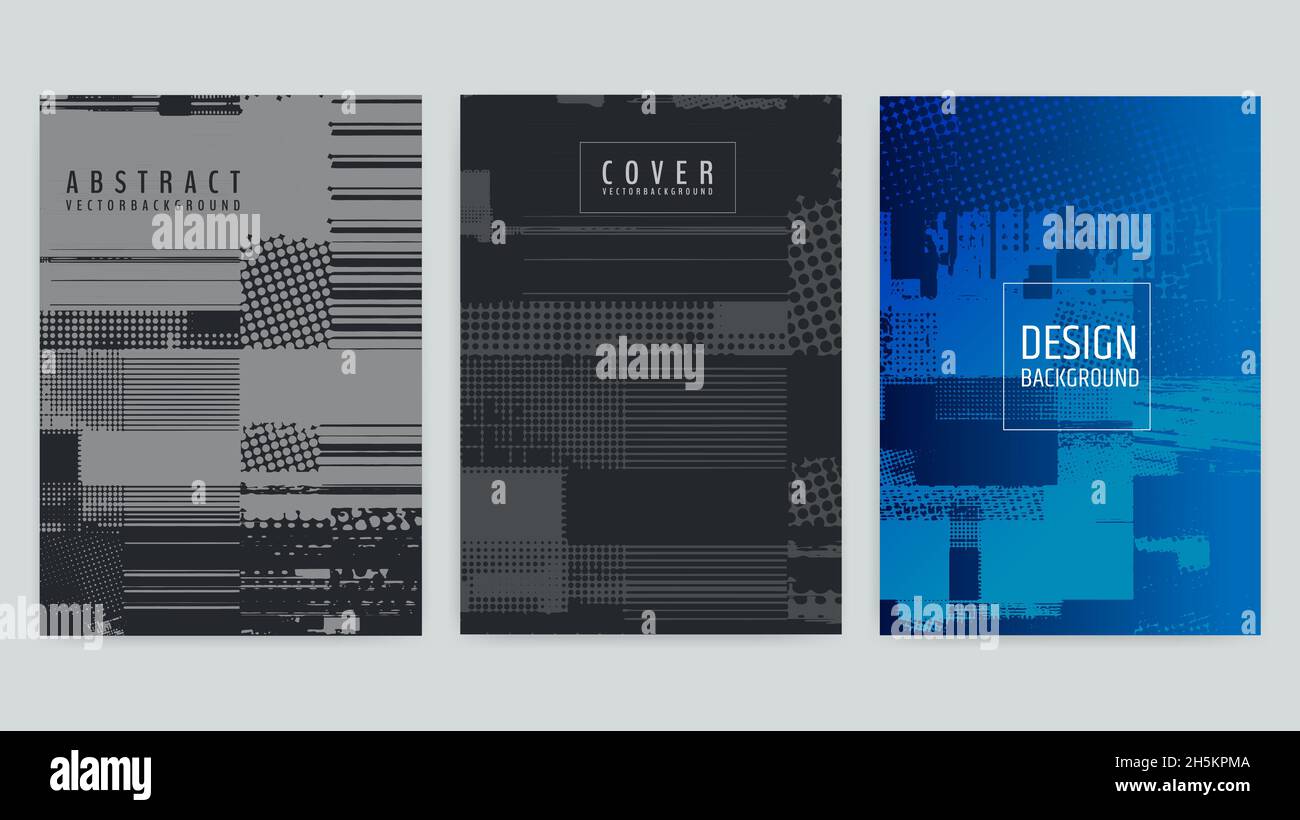 Set von abstrakten Hintergrund-Cover-Designs. Auswirkung auf Bildschirmfehler. Fehler. Vektorgrafiken. Abstrakte Hintergrundstriche. Bearbeitbare Farbe. Halbtoneffekt Stock Vektor