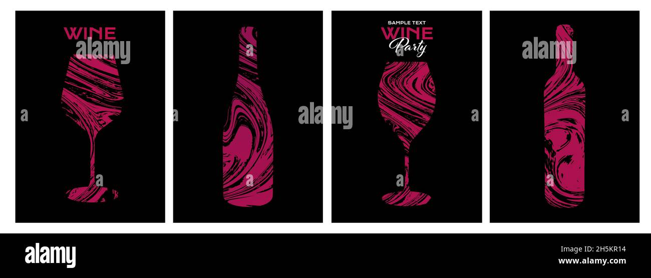 Set von Design-Vorlagen mit Weinglas und Flasche Illustration. Kreative und künstlerische Hintergrundtextur mit Linien, die die Haut einer Traube simulieren Stock Vektor Set von Design-Vorlagen mit Weinglas und Flasche Illustration. Kreative und künstlerische Hintergrundtextur mit Linien, die die Haut einer Traube simulieren Stock Vektor