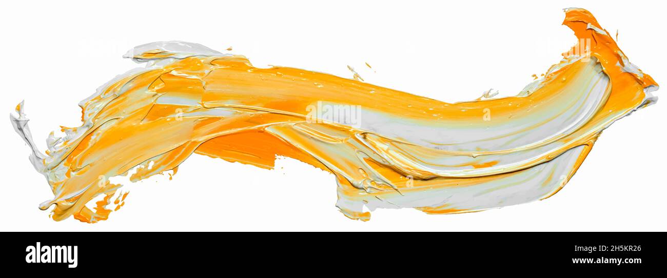 Welle von gelbem und weißem Ölpinsel handgezeichneten Strich. Abstrakte Lack Splash Spur Form. Glänzende Ölfarbe schmiert lange Linie isoliert auf weißem Hintergrund Stock Vektor